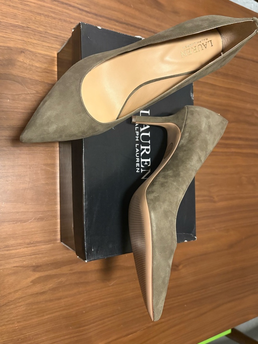 Lauren Ralph Lauren Olive Green Suede Pointed-Toe Pumps - Picture 3 of 7